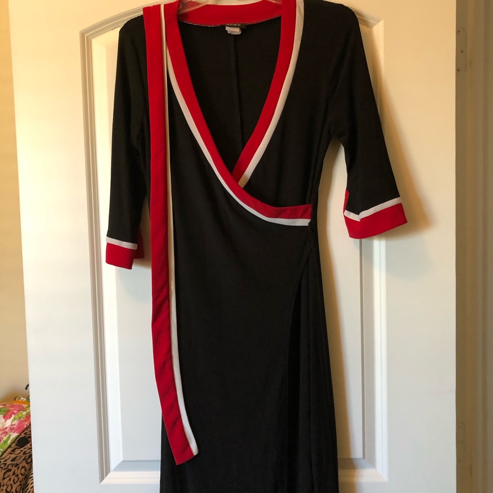 Black with red and white knit dress